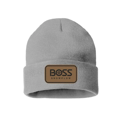 BOSS Grey Beanie w/Leather Patch Front Image on white background