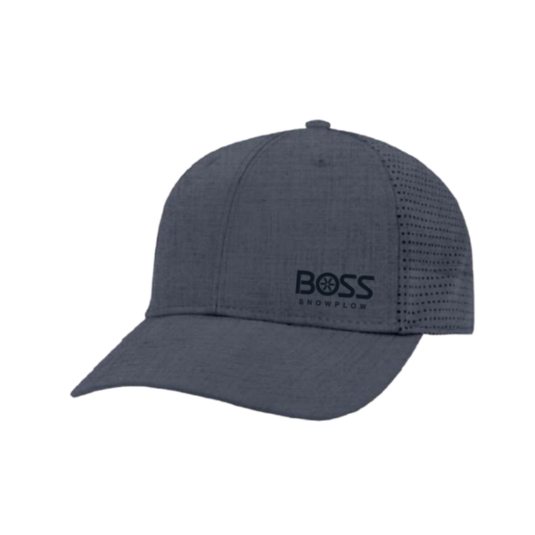 A photo of the HTHR Slate Perf Hat that has the BOSS Snowplow logo on its front left side