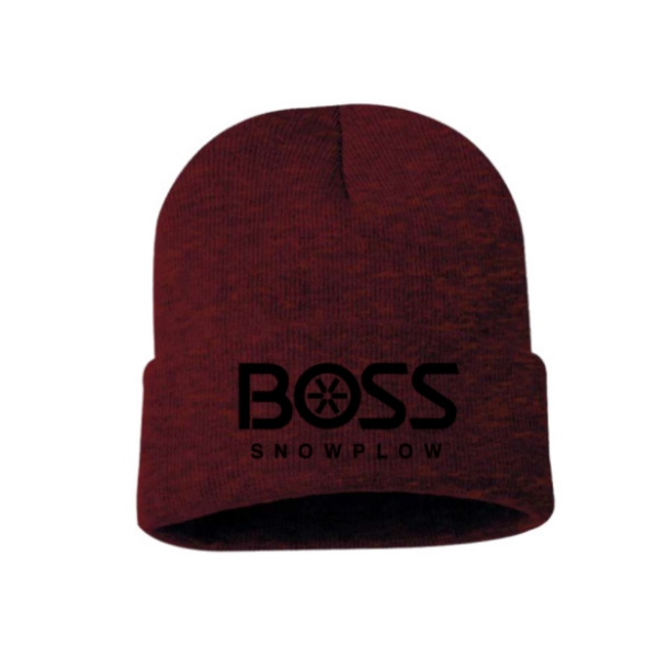 Image of the Red Reflective Beanie with the black BOSS Snowplow logo on the front