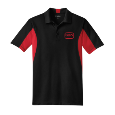 Front image of the BOSS Mens ColorBlock Polo with the red BOSS Snowplow logo on the left chest