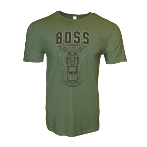 Image of the BOSS Mens Green Plow Tee with the BOSS Snowplow graphic on the full front
