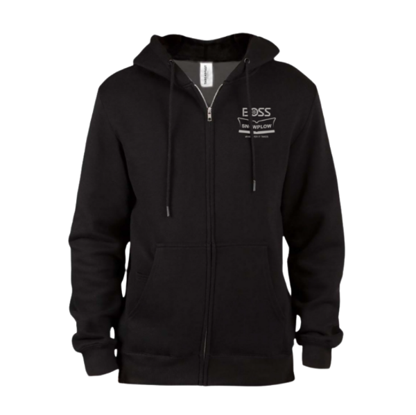 Front image of the Black BOSS Stacked Full Zip Hoodie with the white BOSS Snowplow logo on the left chest