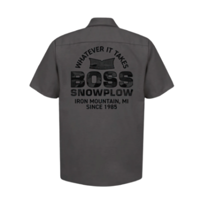 Image of the Black BOSS Territory Shop Shirt with the BOSS Snowplow and "Whatever It Takes" text on the back