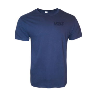 Image of the blue BOSS Mens Flag Tee with the BOSS Snowplow graphic on the full back
