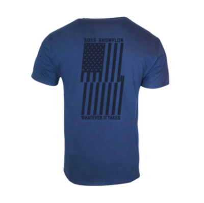 Image of the blue BOSS Mens Flag Tee with the BOSS Snowplow graphic on the full back