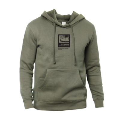 Image of the green BOSS THumbnail Hoodie with the BOSS Snowplow graphic on the front
