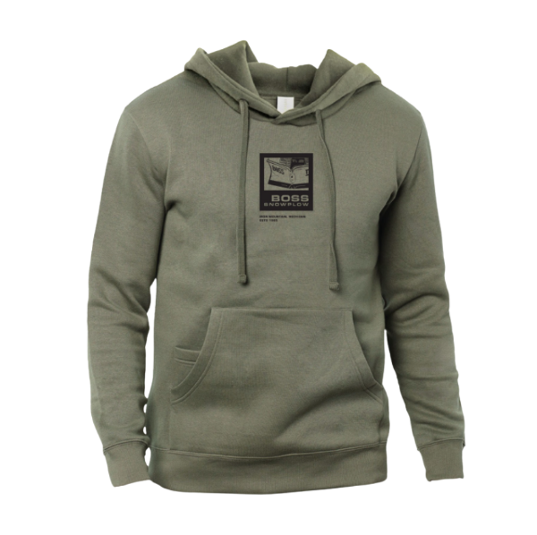 Image of the green BOSS THumbnail Hoodie with the BOSS Snowplow graphic on the front