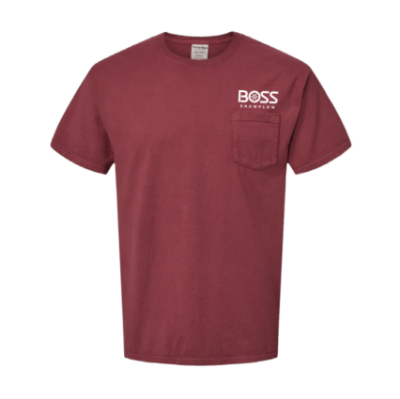 Image of the Red BOSS Retro Pocket Tee with the BOSS Snowplow graphic on the back