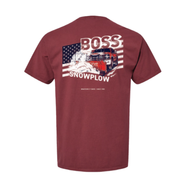Image of the Red BOSS Retro Pocket Tee with the BOSS Snowplow graphic on the back