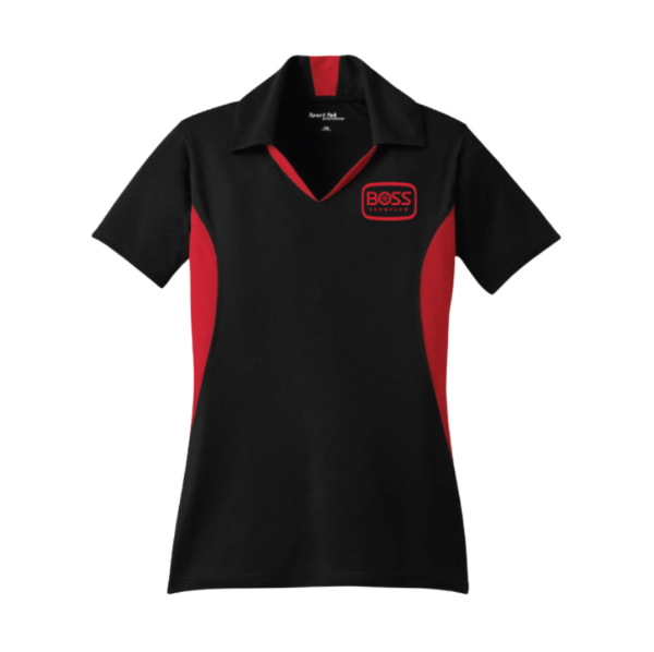Front image of the BOSS Ladies Colorblock Polo with the BOSS Snowplow logo on the left chest