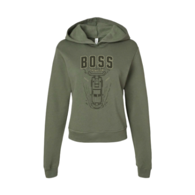 Image of the BOSS Ladies Green Plow Hoodie with the BOSS Snowplow graphic on the front