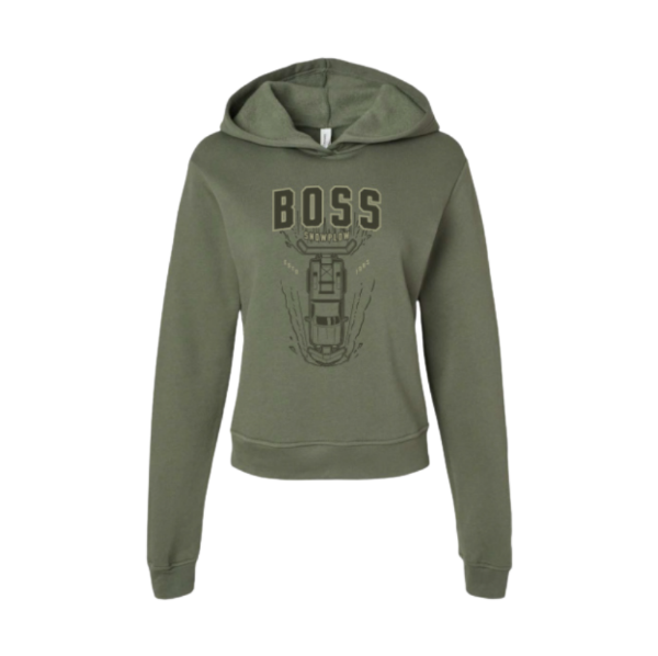 Image of the BOSS Ladies Green Plow Hoodie with the BOSS Snowplow graphic on the front