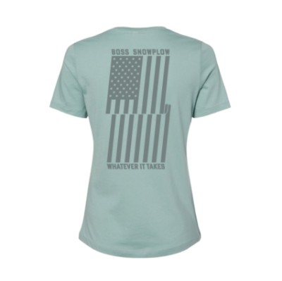 Image of the Dusty Blue BOSS Ladies Flag Tee with the BOSS Snowplow graphic on the back