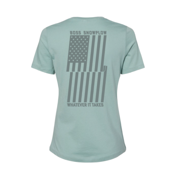 Image of the Dusty Blue BOSS Ladies Flag Tee with the BOSS Snowplow graphic on the back