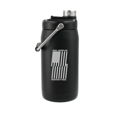 Image of the Black BOSS Flag Water Jug with the BOSS Snowplow graphic in white