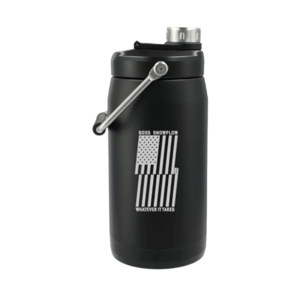Image of the Black BOSS Flag Water Jug with the BOSS Snowplow graphic in white