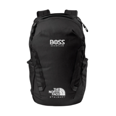 Image of the Black BOSS TNF Backpack with the white BOSS Snowplow and The North Face logo  on the front