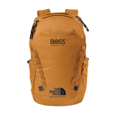 Image of the Tan BOSS TNF Backpack with the Black BOSS Snowplow and The North Face logo on the front