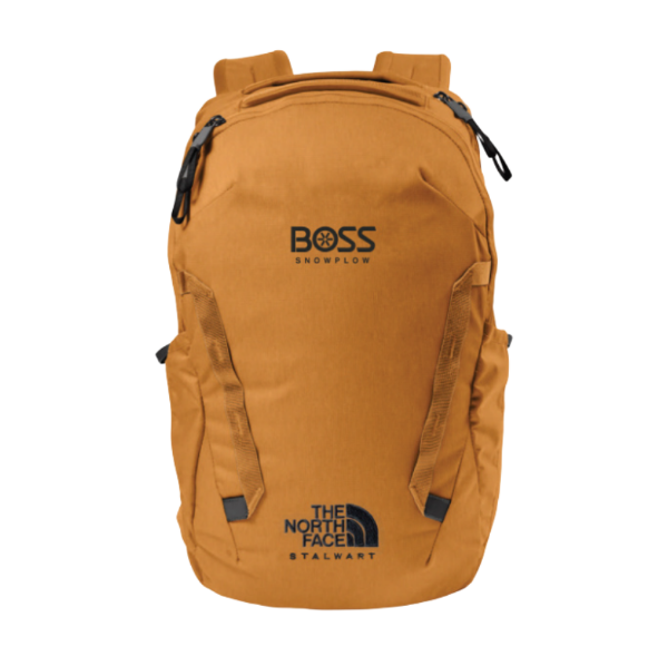 Image of the Tan BOSS TNF Backpack with the Black BOSS Snowplow and The North Face logo on the front