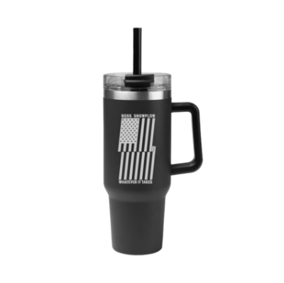 Image of the black BOSS Flag Tumbler with the BOSS Snowplow grahic in white