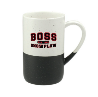 Image of the BOSS Collegiate Ceramic Mug with the black and red BOSS Snowplow logo