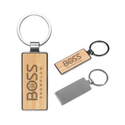 Image of the BOSS Bamboo Key Tag with the BOSS Snowplow logo on the front