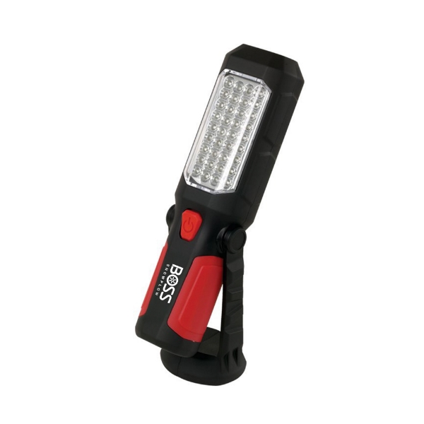 Image of a Black and Red BOSS Magnetic Work Light with a white BOSS Snowplow logo imprint