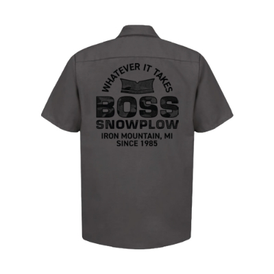 Front image of the BOSS Territory Shop Shirt with the BOSS Snowplow logo on the left chest