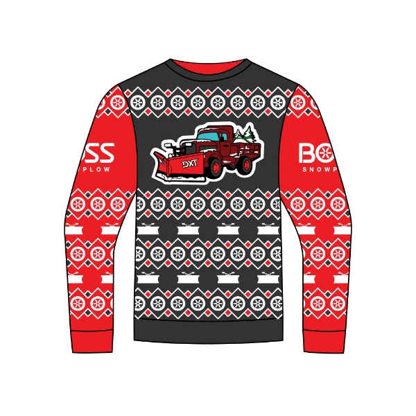 Holiday sweater with red BOSS snowplow truck and repeating snow and plow design in red, black, and white