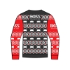 Back of holiday sweater with red BOSS snowplow truck and repeating snow and plow design in red, black, and white
