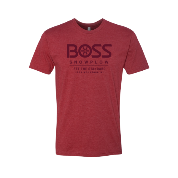 BOSS Snowplow red standard t-shirt front view with logo graphic