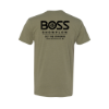 BOSS Snowplow olive crew neck t-shirt back view with “Set the Standard” design
