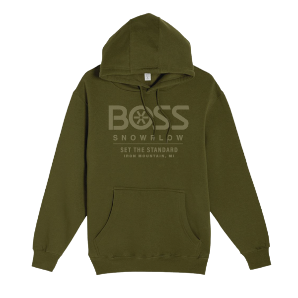 BOSS Snowplow green hoodie front view with tonal logo graphic