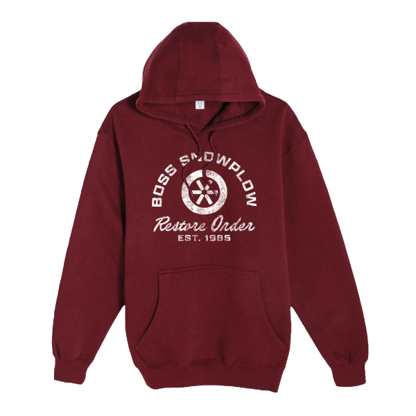 BOSS Snowplow red hoodie front view with distressed Restore Order graphic