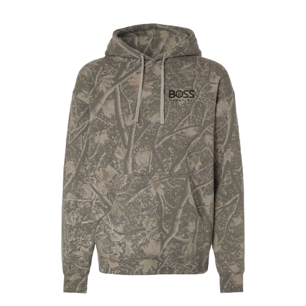 BOSS Snowplow camo hoodie front view with black chest logo