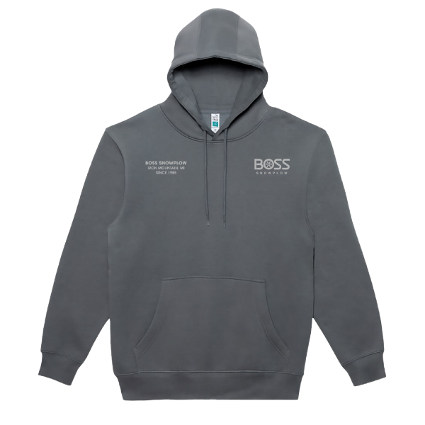 BOSS Snowplow charcoal hoodie front with dual chest logo prints
