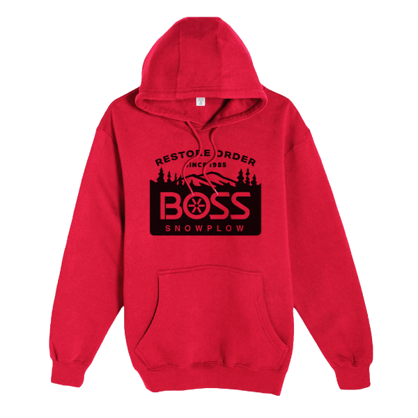 BOSS Snowplow red hoodie front with large “Restore Order Since 1985” graphic