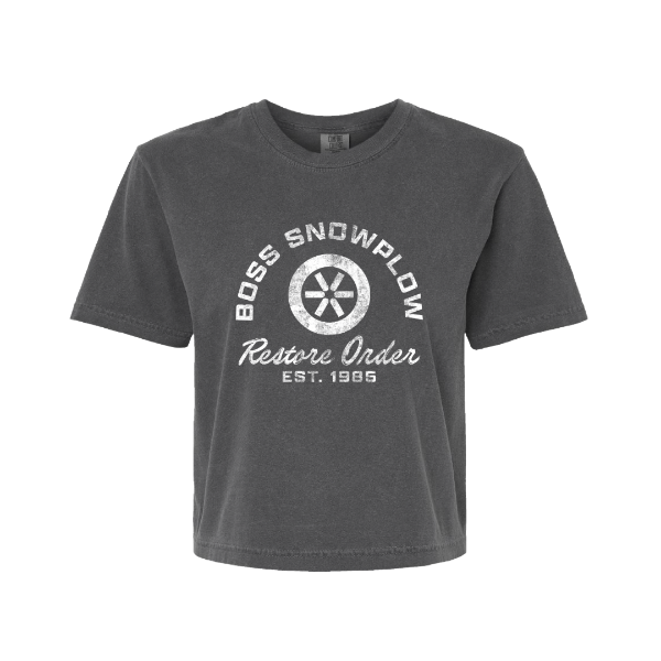 BOSS Snowplow women’s boxy t-shirt in dark gray with Restore Order graphic