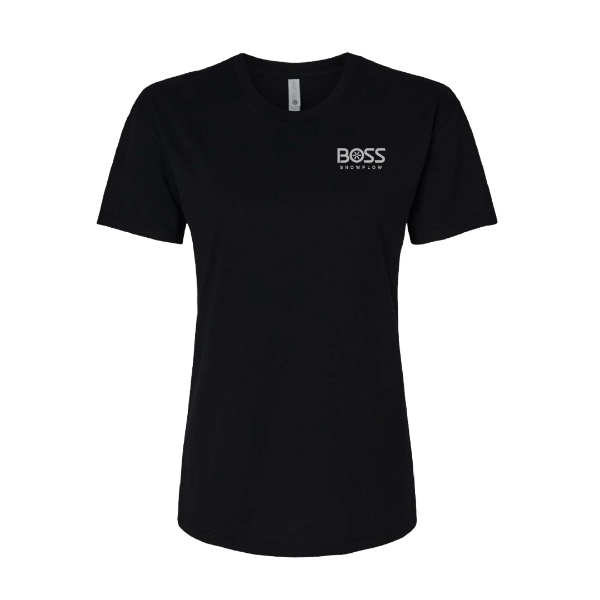 Black women’s short sleeve t‑shirt with small BOSS Snowplow logo on left chest, front view