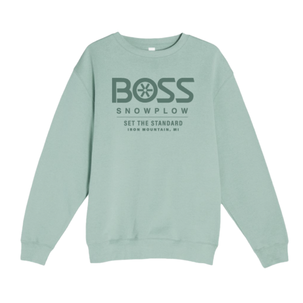 Seafoam crewneck sweatshirt with large BOSS Snowplow “Set The Standard” graphic on front, front view on white background