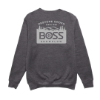 Back view of charcoal heather crewneck sweatshirt with large “Restore Order” BOSS Snowplow graphic