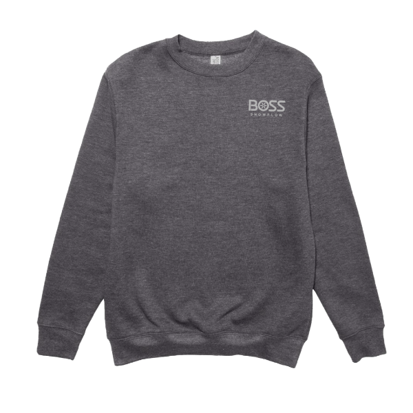 Charcoal heather crewneck sweatshirt with small BOSS Snowplow logo on left chest, front view on white background