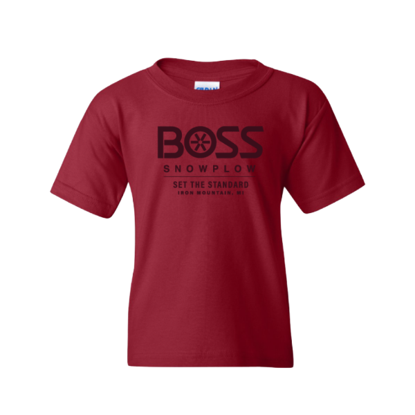 Red Gildan youth t-shirt with BOSS Snowplow Set The Standard graphic printed on front