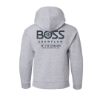 Gray Gildan youth hoodie with large BOSS Snowplow Set The Standard graphic printed across the back