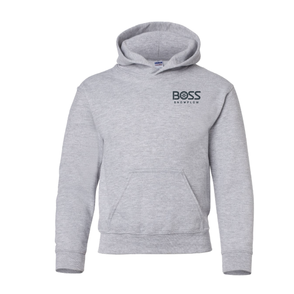 Gray Gildan youth pullover hoodie with BOSS Snowplow logo printed on left chest and front pouch pocket