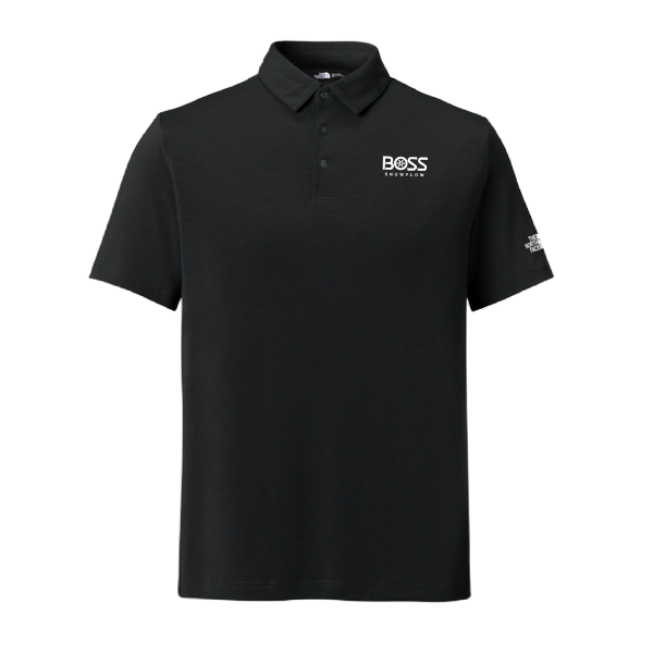 Black North Face performance polo shirt with BOSS Snowplow logo embroidered on left chest and North Face logo on sleeve