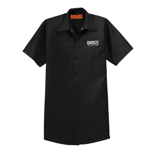 Black short sleeve work shirt with BOSS Snowplow logo embroidered on left chest and dual chest pockets