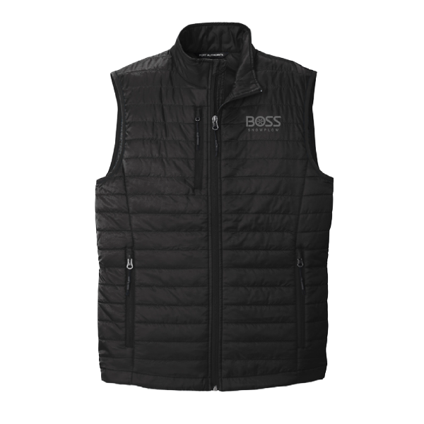 Black packable puffy vest with BOSS Snowplow logo embroidered on left chest and zippered pockets
