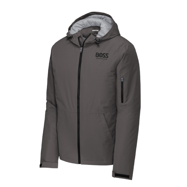 Gray waterproof insulated jacket with hood and BOSS Snowplow logo on left chest, featuring zip front and sleeve pocket