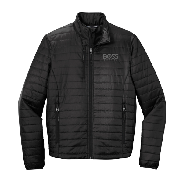 Black packable puffer jacket with BOSS Snowplow logo on left chest, featuring full zip front and quilted design